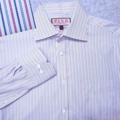 THOMAS PINK MENS SHIRT 15hlf /34 BLUE WHITE RED TWILL STRIPED TRAVELLER CLASSIC - Image 1 of 4