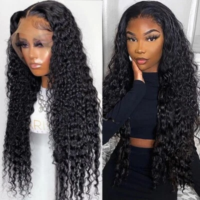 Long Black Water Wave Wig 13x4 T Part Lace Front Human Hair Wigs Daily Heat Soft - Image 1 of 4