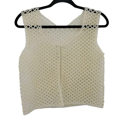 Chaleco Vintage Hecho a Mano Artístico Glamour Imitación Perla Cuentas Crochet Formal Blanco M Foto 1 de 4