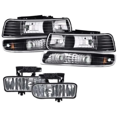 Fit For 99-02 Chevy Silverado/00-06 Suburban Black Clear Headlights + Fog Lights - Image 1 of 4