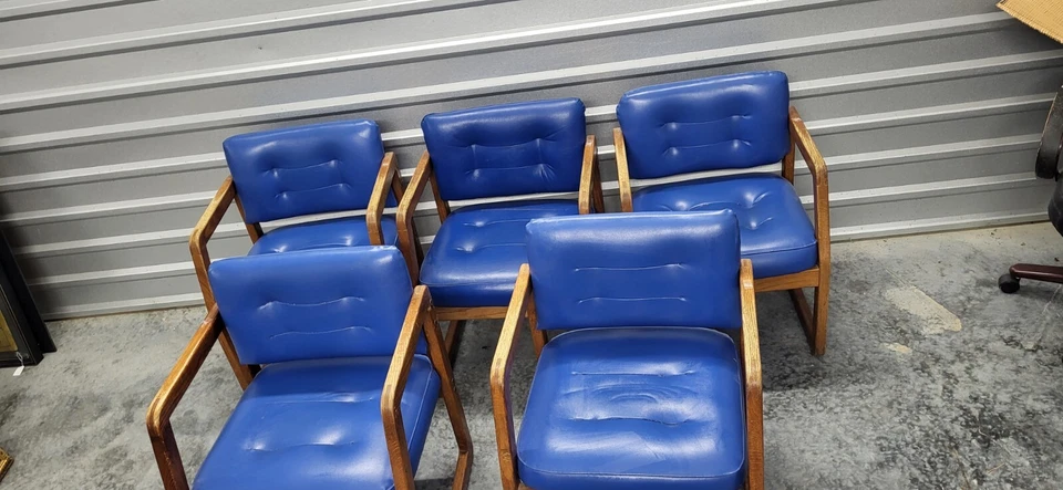 1970s Unicor Oak Square Chair Royal Blue Leather. Priced PER Chair - Image 1 of 4