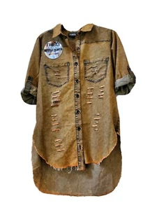 5-002 NWT Women's THRILL JEANS Distressed High Low Shirt Dress Green Multi 1X - Picture 1 of 2