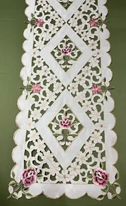 rosa gold grün bestickt Tischläufer länglich Cutwork gewellter Rand Küche - Bild 1 von 5