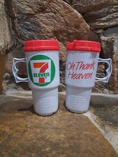 (LOT OF 2) VINTAGE 711 7 ELEVEN OH THANK HEAVEN 14oz TRAVEL CUP MUG W/LID