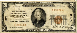 1929 $20 Doylestown, Pennsylvania Small Size National Bank Note Fr #S-2140 - Picture 1 of 2