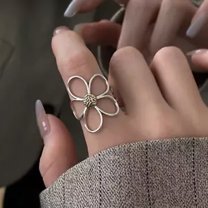 Women's Fashion Silver Flower Resizable Ring Elegant Vintage Trendy Jewelry Gift - Picture 1 of 5