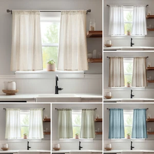 1 set Privacy Linen Short Panels Window Curtains Light Filtering Curtains 26"W - Picture 1 of 63