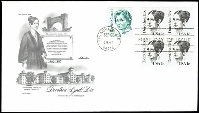 US 1844 Dorthea Dix 1c block of 4 FDC Sep 23 1983 Hampden ME - Artmaster F1844-3 - Image 1 of 2