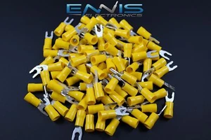 10-12 GAUGE VINYL LOCKING SPADE # 8 CONNECTOR 50 PK YELLOW CRIMP TERMINAL AWG - Picture 1 of 4