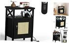 Rattan Nightstand With Lock, End Table With Charging Station, Black With Lock
