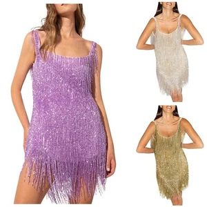 Women Elegant Tassels Sequin Fringe Flapper Dress Spaghetti Strap Mini Dancewear - Picture 1 of 27