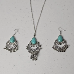 3 Stck. Boho Silber Ton Synthetisch Türkis Halskette & Ohrringe Schmuck Set - Bild 1 von 5