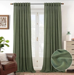 Cortinas de lino verde oliva 52 pulgadas X 96 pulgadas de largo grueso semi transparente 2 paneles... - Imagen 1 de 9