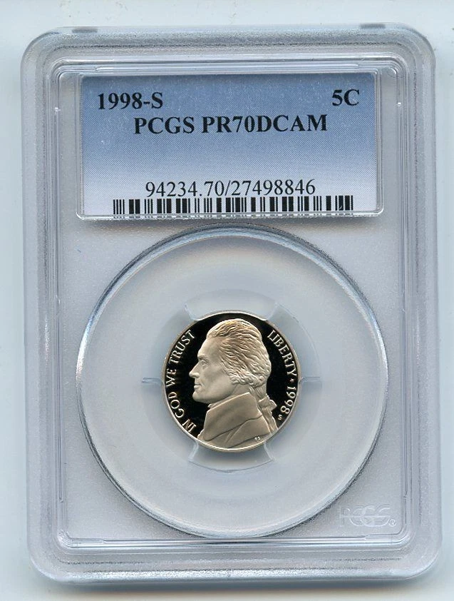 1998 S 5C Jefferson Nickel Proof PCGS PR70DCAM - Image 1 of 1