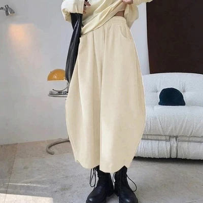 Womens Japanese Loose Wide Legs Cropped Harem Pants Casual Bloomers Trousers - Image 1 of 4