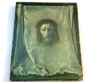 Vintage Veronica’s Veil Print Wandbild auf Holz Jesus Dornenkrone Augen O - Bild 1 von 13