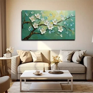 Floral Branch Design Teal Unframed Canvas Painting for Living - Bild 1 von 6