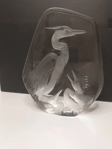 Mats Jonasson Sweden Handmade "Great Blue Heron & Chicks" Rare Vntg Lead Crystal - Picture 1 of 13