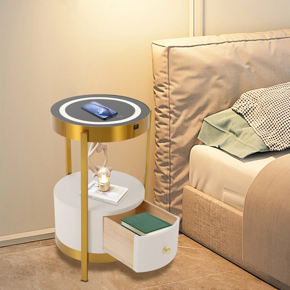 Mesita de noche LED Mesita de noche con cajones USB y estación de carga Mesa auxiliar Foto 1 de 4