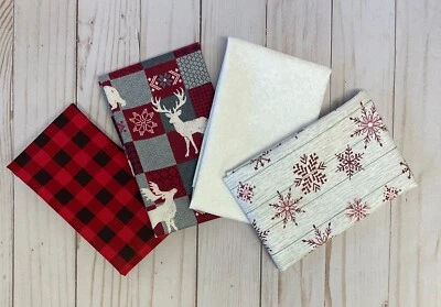 Fabric FQ Fat Quarter Set of 4 Winter Christmas Lodge Plaid Red Gray 100% Cotton - Image 1 of 4