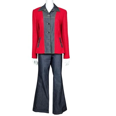 Conjunto de blazer y pantalones acampanados de mezclilla vintage años 90 Mondi para mujer 40 rojo tejido boucle Foto 1 de 4