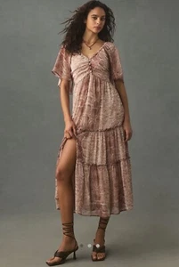 Anthropologie Short-Sleeve Women’s Large Tiered Midi Dress Smocked Back New - Picture 1 of 11