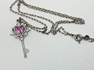Sterling Silver Pendant Necklace 925 Jewellery Key Heart Pink Glass CZ 2.78g - Picture 1 of 14