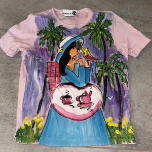 Vintage 80’s Hand Painted Girl T Shirt Art Scene Size Medium Ariel’s Pink - Picture 1 of 2