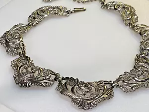 Necklace Silver Metal Choker Collar Leaf Motive - Picture 1 of 12