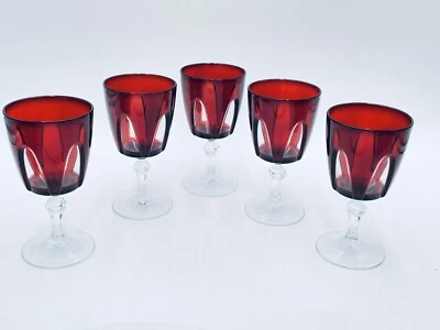 Set 5  Cristal D' Arques Gothic Ruby Red Cut to Clear Wine Glass  France 5.75" - Image 1 of 4