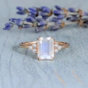18k Gold Plated 925 Silver Natural Moonstone Emerald Cut Engagement Ring for Her - Picture 1 of 9