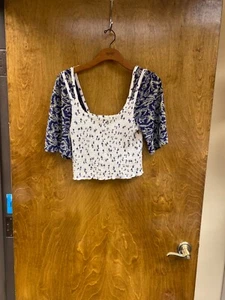 Women "Free People" , navy white, purple, short sleeve top Size Med. P.O. - Picture 1 of 2