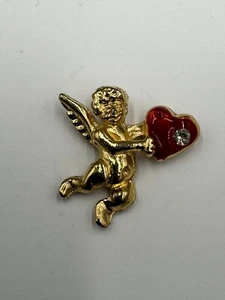 Vintage Gold Colored Cupid Holding Red Heart Lapel Pin - Picture 1 of 3