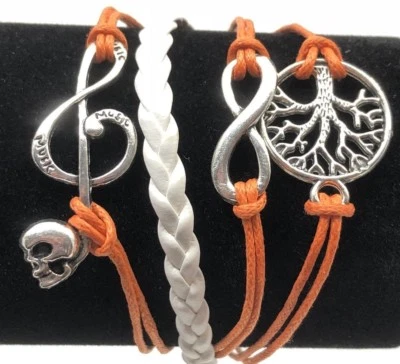 Bracelet Friendship Womens Adjustable Music Skull Infinity Tree Orange White NEW - Image 1 of 4