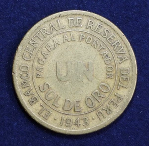 1943 Peru Un Sol Messing Münze KM 222 - Bild 1 von 4