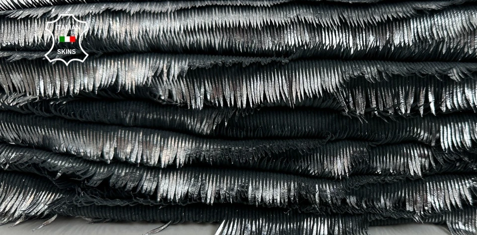 METALLIC SILVER FRINGED ON BLACK Thick Lamb leather 2 skins 12+sqf 1.0mm #C5575 - Image 1 of 4