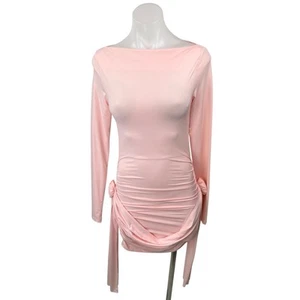NEW Lioness Glory Blush Pink Long Sleeve Ruched Boat Neck Mini Bodycon Dress XS - Picture 1 of 6