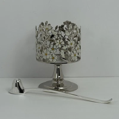 Bath and Body Works 3 Wick Candle Holder White Flowers Chrome Finish w/Snuffer - Image 1 of 4