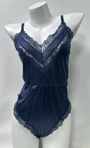 Vintage 80s Satin Lace Teddy Bodysuit Lingerie Blue Snap Sz Medium Made In USA - Picture 1 of 15