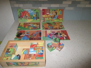 Vintage deutsche HOLZBLOCK PUZZLE Würfel ~ 6 SZENEN Rotkäppchen & 3 Bären - Bild 1 von 21