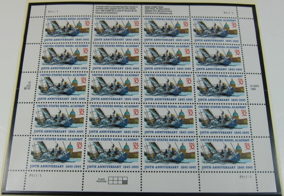 1995 USPS Stamp Pane of 20 Stamps Celebrating the Anniv. of the Naval Academy - Image 1 of 1