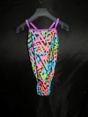 Speedo Girls Size 28 NWT Pro LT Swimsuit Black Pink Blue Purple Geometric NEW - Image 1 of 4