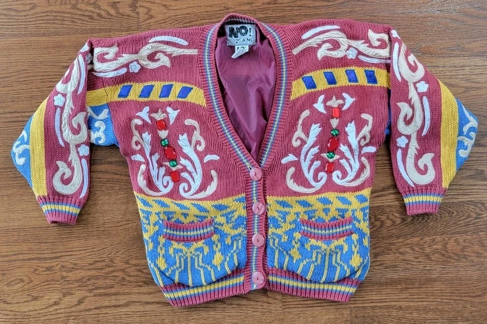 Rare No! jeans Cardigan Sweater Jewled Funky Design Oversized Lined Button Up - Image 1 of 4
