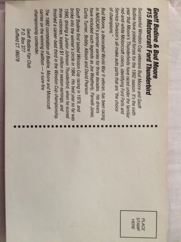 Geoff Bodine & Bud Moore #15 Motorcraft Ford Thunderbird POSTCARD Cover