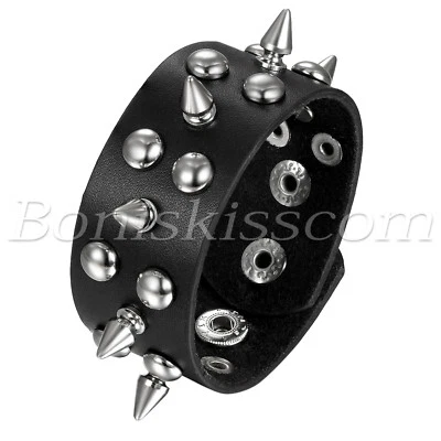 Men's Punk Wide Rivet Spike Leather Strap Bangle Bracelet Wristband Adjustable - Image 1 of 4