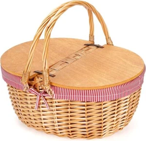 Wicker Picnic Basket Wooden Split Lid Picnic Basket Vintage-Style camping Hamper - Picture 1 of 9