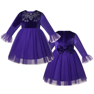 Classic Girls Purple Tulle Dress with Diamond Decoration + Bow Velvet Dress - Picture 1 of 16