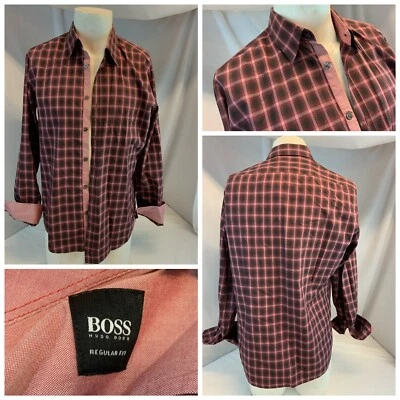 Hugo Boss R Fit Flip Cuff Shirt M Pink Black Red Plaid Cotton Mint YGI J1-195 - Image 1 of 4