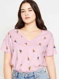 Neu mit Etikett Old Navy weiches EveryWear bedrucktes T-Shirt mit V-Ausschnitt Papageien rosa Damen M L - Bild 1 von 5