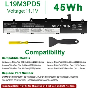 L19M3PD5 Battery For Lenovo ThinkPad E14 E15 2nd L19C3PD5 L19D3PD5 L19L3PD5 45Wh - Picture 1 of 16